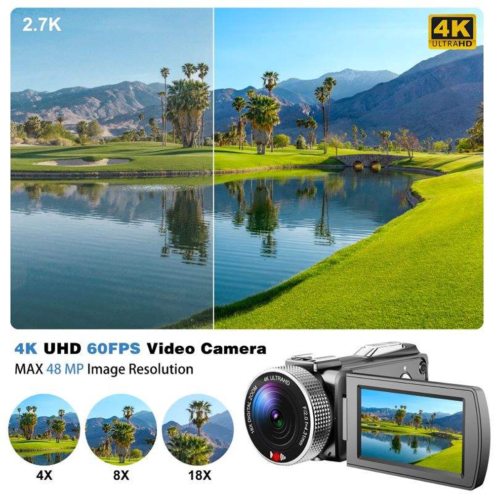 A Camcorix 4K Camcorder shown with promotional text and landscape photos demonstrating 4K UHD 60FPS video capture. The camcorder is silver and black with a flip-out screen, alongside three circular image zoom examples labeled 4X, 8X, and 18X.