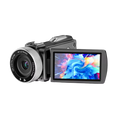 A black Camcorix 4K Camcorder with a large zoom lens and an extended flip-out screen displaying a colorful abstract pattern, isolated on a white background.