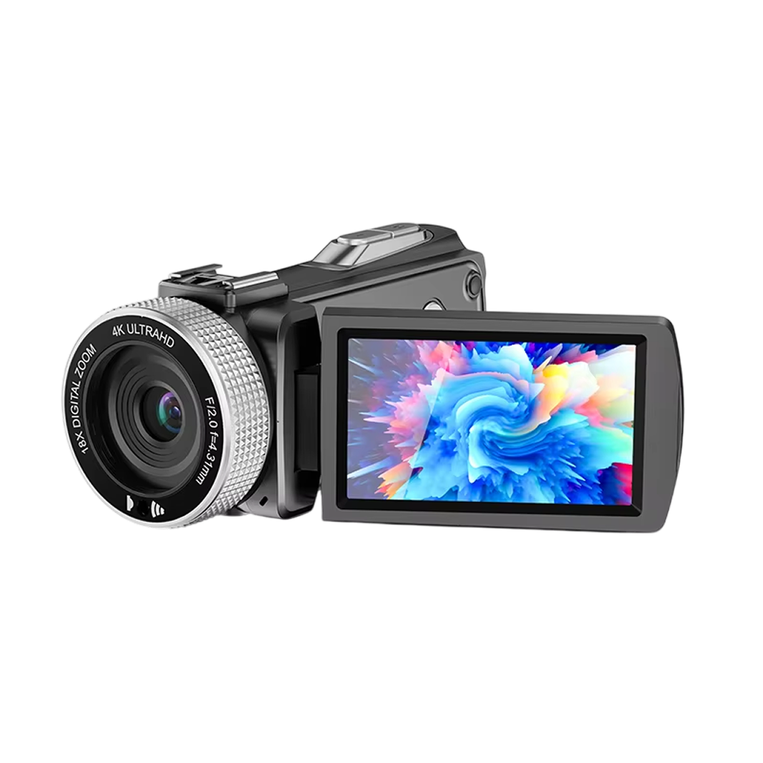 A black Camcorix 4K Camcorder with a large zoom lens and an extended flip-out screen displaying a colorful abstract pattern, isolated on a white background.