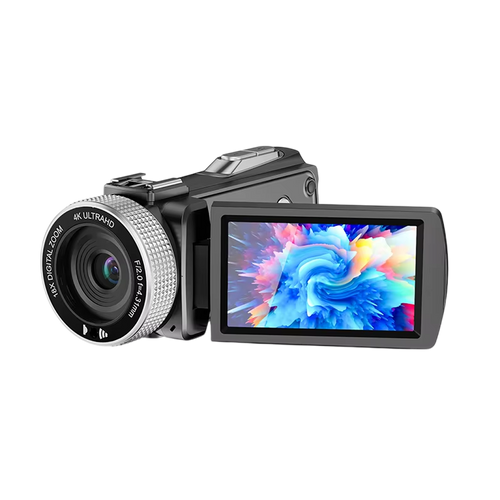 A black Camcorix 4K Camcorder with a large zoom lens and an extended flip-out screen displaying a colorful abstract pattern, isolated on a white background.