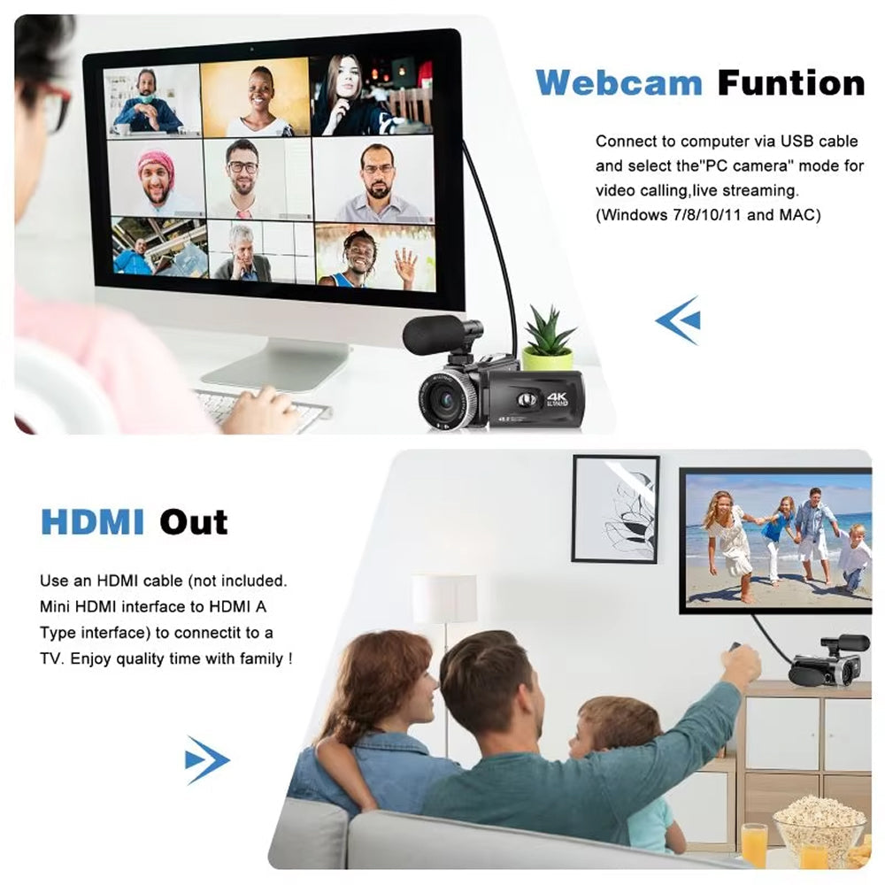 A promotional graphic for a black webcam with a microphone and a small plant on top, showing two usage examples: a top panel with a computer screen displaying a video call grid labeled 'Webcam Funtion,' and a bottom panel with a family watching the webcam labeled 'HDMI Out.'.