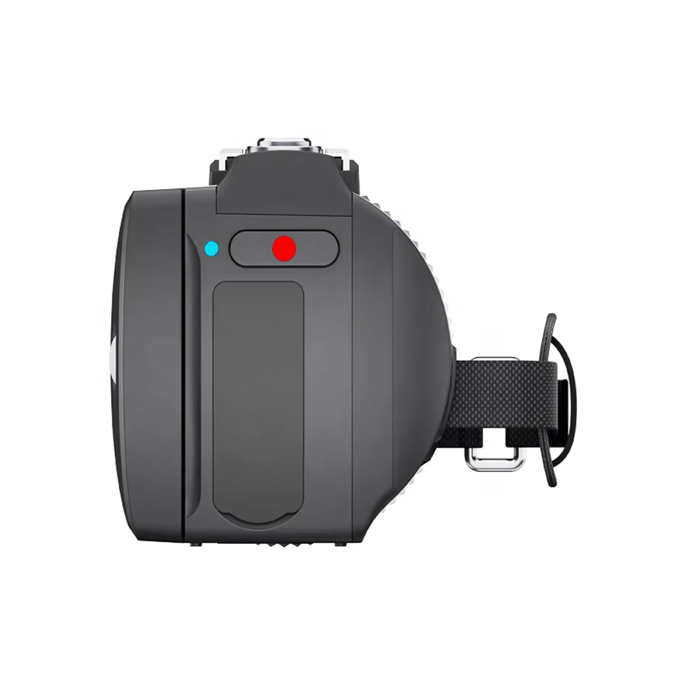 A side view of a black Camcorix 4K Camcorder or action camera with a strap, featuring a red record button and a small blue LED indicator light, on a solid white background.