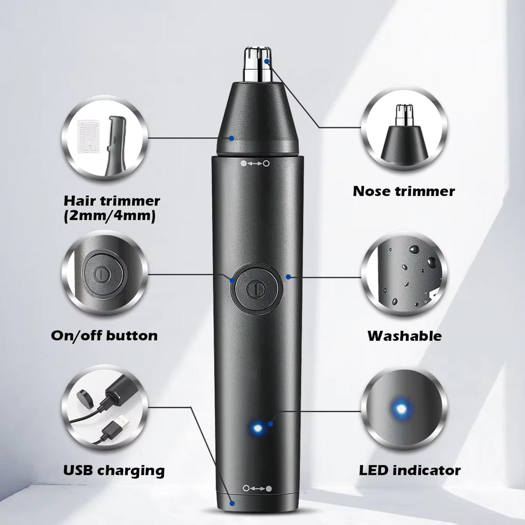  ClipCrazie Nasal Hair Trimmer with labeled features on a white background