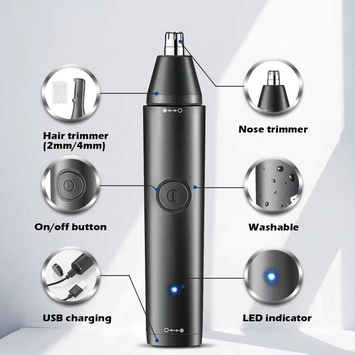  ClipCrazie Nasal Hair Trimmer with labeled features on a white background