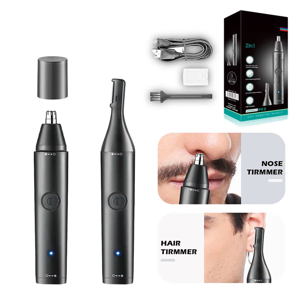 Black  ClipCrazie Nasal Hair Trimmer with packaging, attachments, and usage examples on a white background.