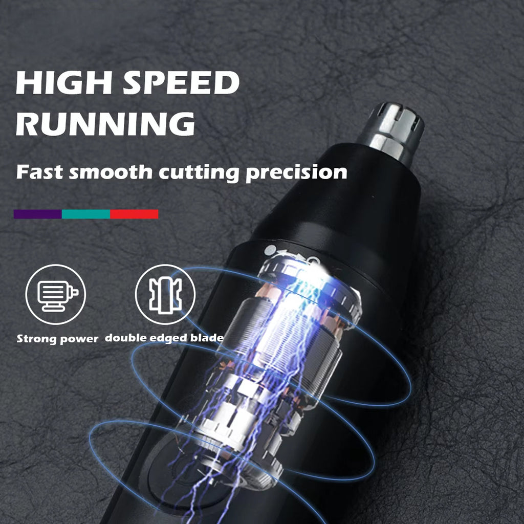 Black  ClipCrazie Nasal Hair Trimmer  with text highlighting features on a dark textured background