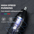 Black  ClipCrazie Nasal Hair Trimmer  with text highlighting features on a dark textured background