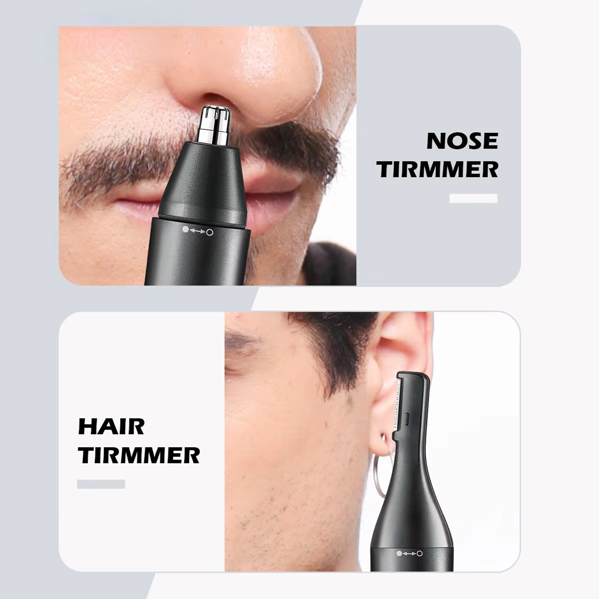  ClipCrazie Nasal Hair Trimmer with close-up shots on a gray background