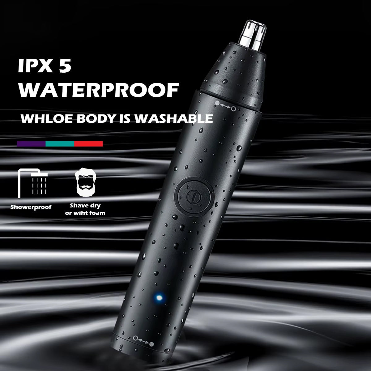Black  ClipCrazie Nasal Hair Trimmer with water droplets on a black background