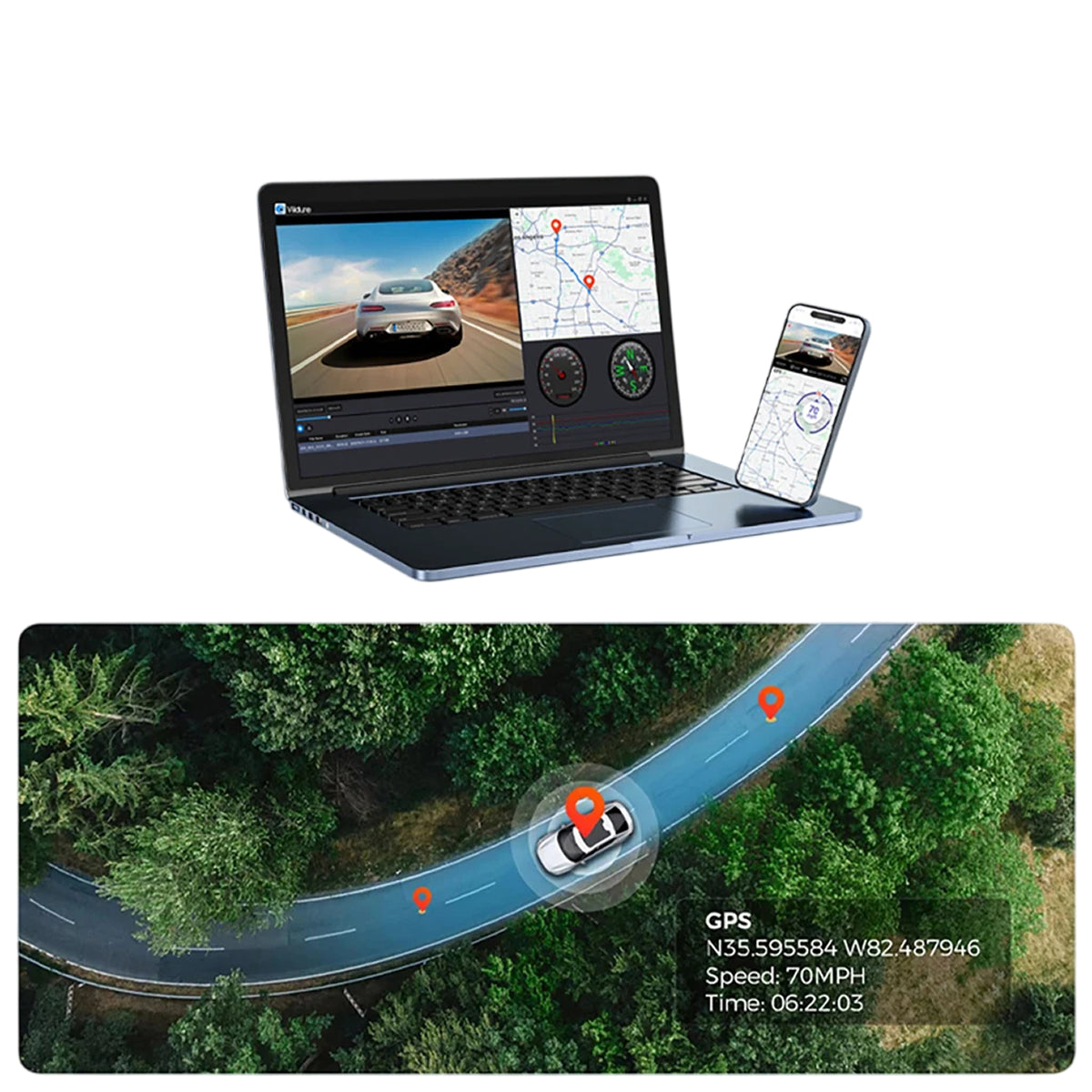 A laptop and smartphone displaying a GPS tracking with DashyLynk and video monitoring software interface, with an aerial road-map visualization below showing a car's real-time location and speed on a forest road.