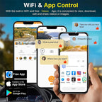Smartphone with app controls and social media icons displayed for DashyLynk, held by a hand with blurred background
