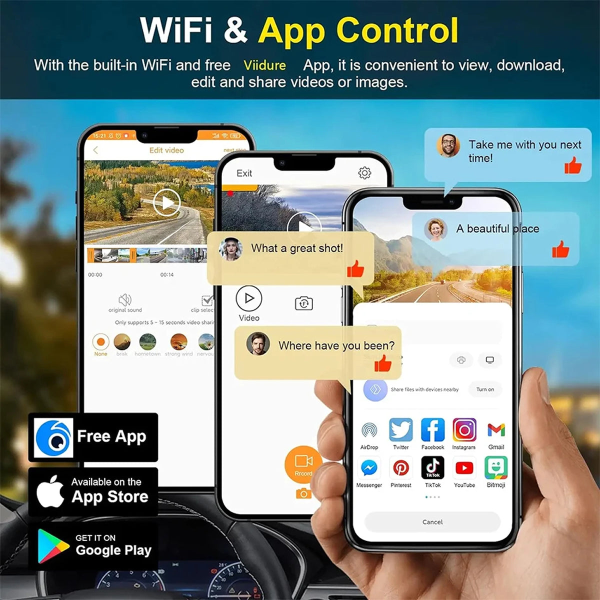 Smartphone with app controls and social media icons displayed for DashyLynk, held by a hand with blurred background