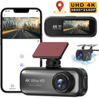 Black DashyLynk with a mounting bracket and solar panel, shown alongside a smartphone app screen, a phone case view, a small drone inset, and a water splash graphic. Text highlights UHD 4K 3840*2160P and 4K Ultra HD.