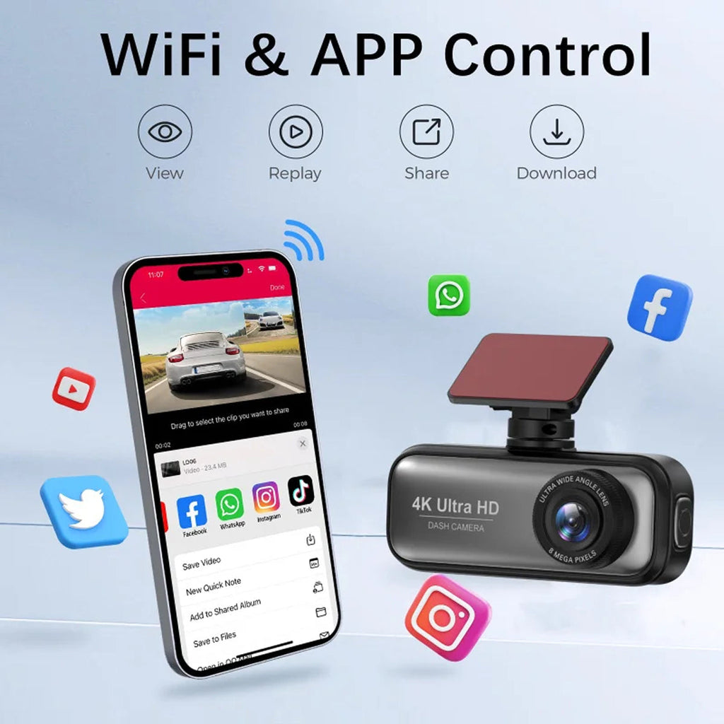 A black DashyLynk with a red mounting plate shown next to a smartphone displaying a live video feed and app controls, with text reading 'WiFi & APP Control' and social media icons on a light blue background.