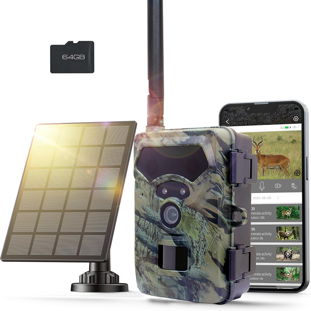 DawniCam Wildlife Camera with solar panel and smartphone displaying app interface on a white background