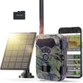DawniCam Wildlife Camera with solar panel and smartphone displaying app interface on a white background