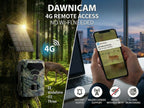 DawnCam 4G DawniCam Wildlife Camera with solar panel, deer in forest, and smartphone app on cityscape background.