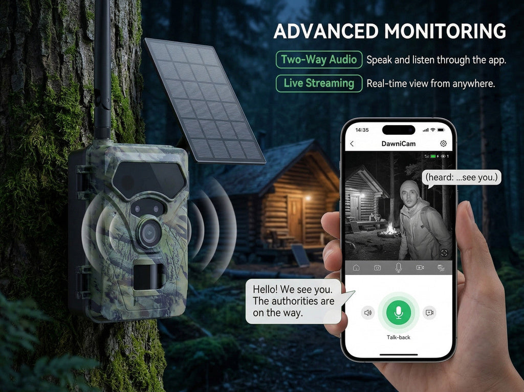 DawniCam Wildlife Camera attached to a tree with a smartphone app interface showing live streaming and two-way audio features.