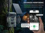 DawniCam Wildlife Camera attached to a tree with a smartphone app interface showing live streaming and two-way audio features.