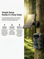 DawniCam Wildlife Camera attached to a tree with setup instructions on a white background.