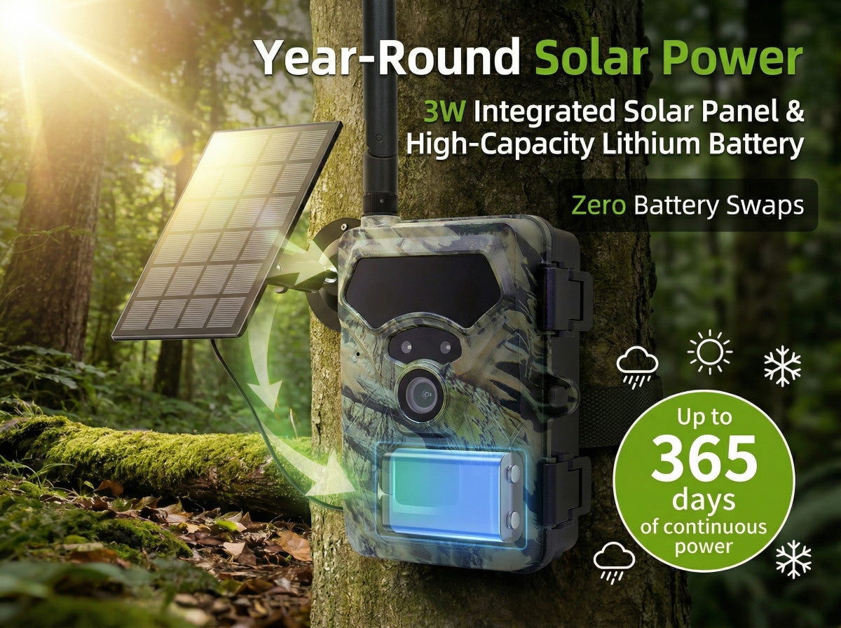 DawniCam Wildlife Camera with solar panel on a tree trunk in a forest, highlighting year-round solar power features.
