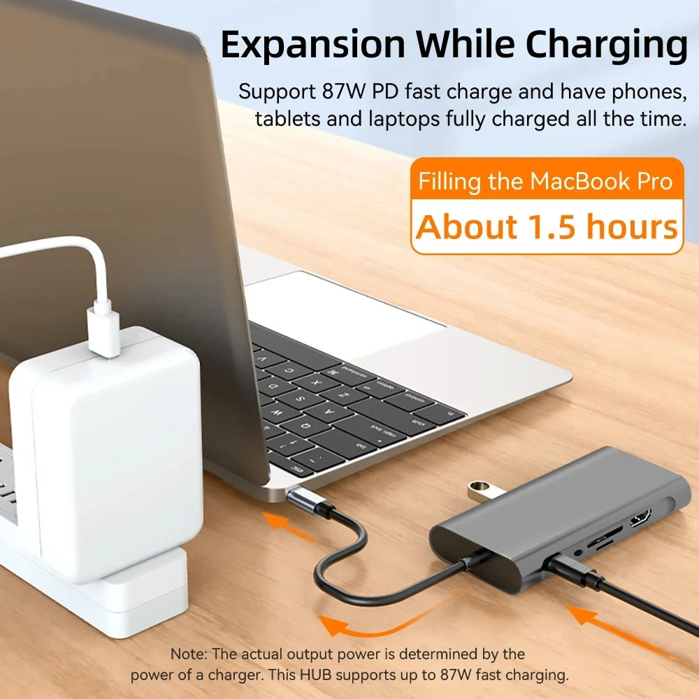 Laptop  Dockiumix Laptop Docking Station  on a wooden surface, with text about fast charging capabilities.