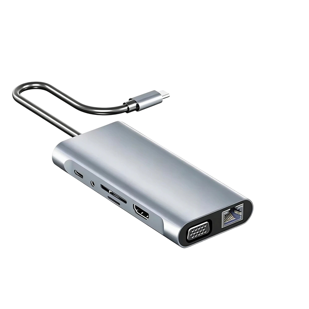 A silver aluminum USB-C to Ethernet  Dockiumix Laptop Docking Station  with a built-in cable, shown on a clean white background.