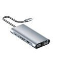 A silver aluminum USB-C to Ethernet  Dockiumix Laptop Docking Station  with a built-in cable, shown on a clean white background.