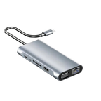 A silver aluminum USB-C to Ethernet  Dockiumix Laptop Docking Station  with a built-in cable, shown on a clean white background.