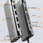 A silver multi-port USB hub with labeled callouts showing ports and connections: 1×USB 3.0 (Data), 3×USB 2.