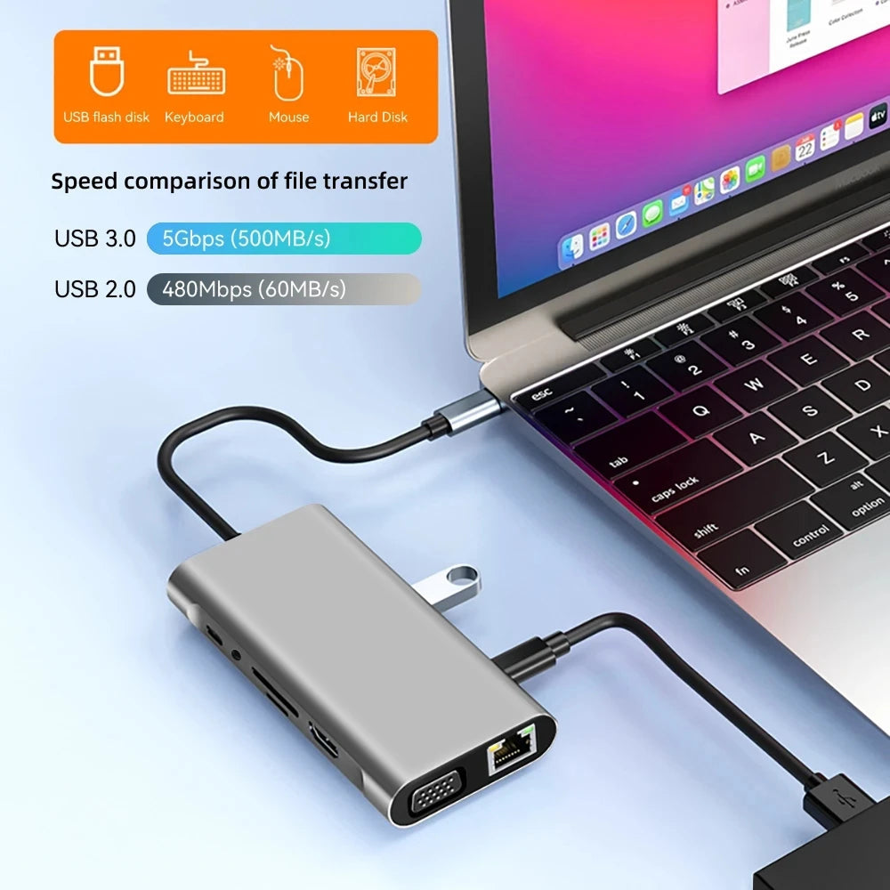  Dockiumix Laptop Docking Station connected to a laptop with speed comparison text on a light blue background