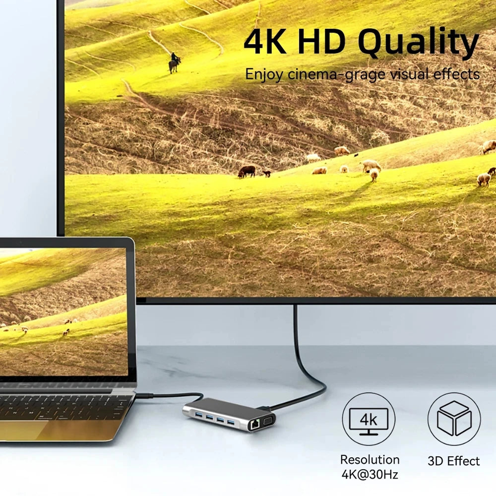 4K HD quality display on a laptop and monitor with a scenic view of a field and animals.
