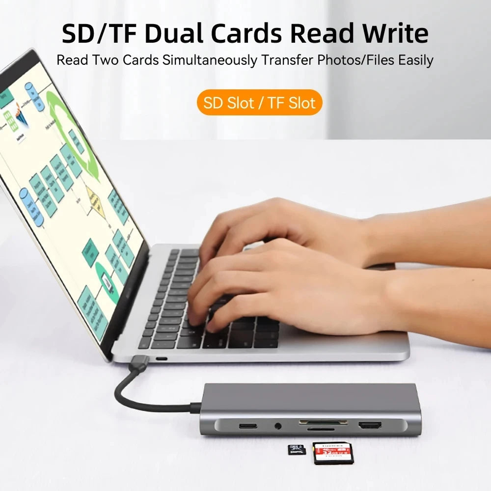 Laptop with  Dockiumix Laptop Docking Station attached, showing hands typing on a white background.