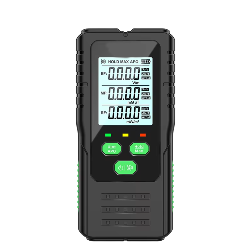 Dosimexo Radiation Detector with a black casing and green buttons on a white background