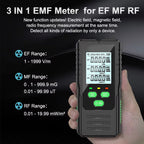 3-in-1 EMF Dosimexo Radiation Detector for EF MF RF held in a hand with product details on a black background