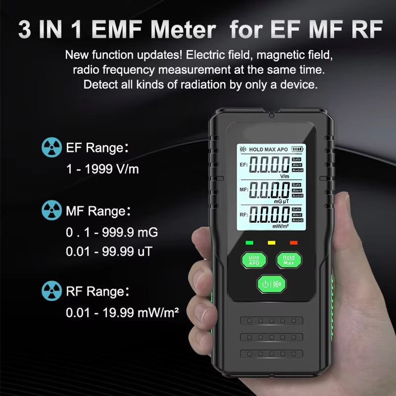 3-in-1 EMF Dosimexo Radiation Detector for EF MF RF held in a hand with product details on a black background