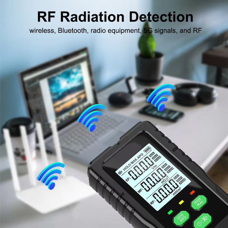 Dosimexo Radiation Detector device on a desk with electronic devices in the background