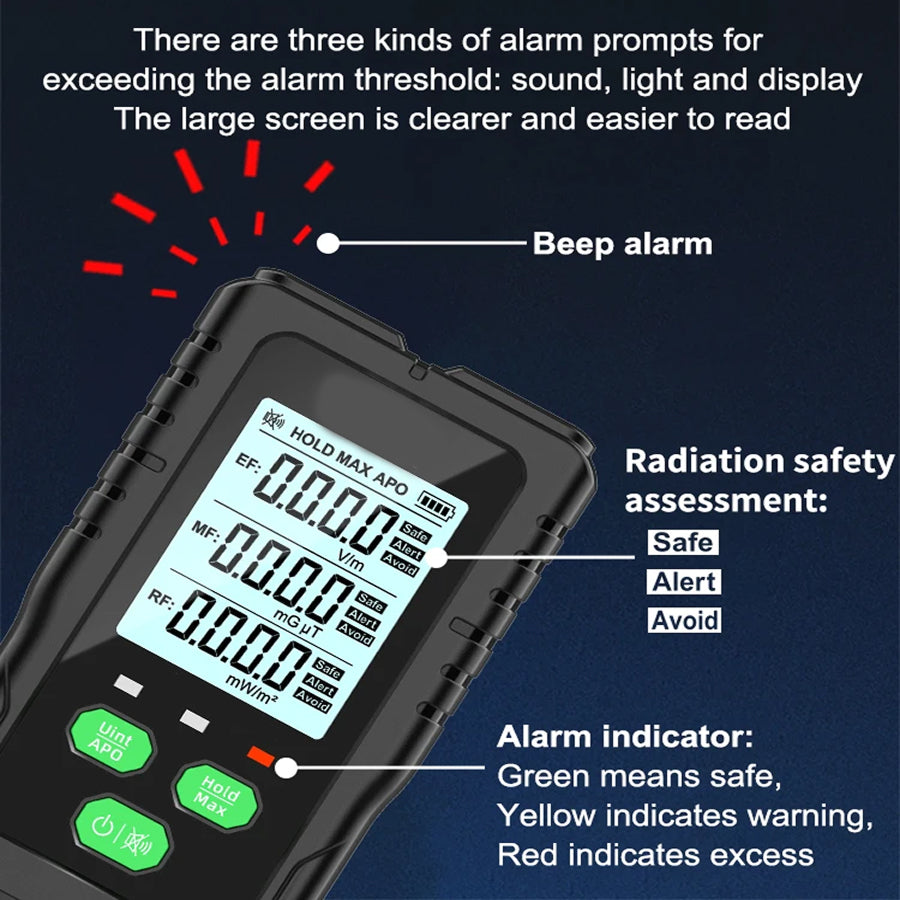 Dosimexo Radiation Detector with digital display and alarm indicators on a dark blue background