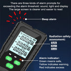 Dosimexo Radiation Detector with digital display and alarm indicators on a dark blue background