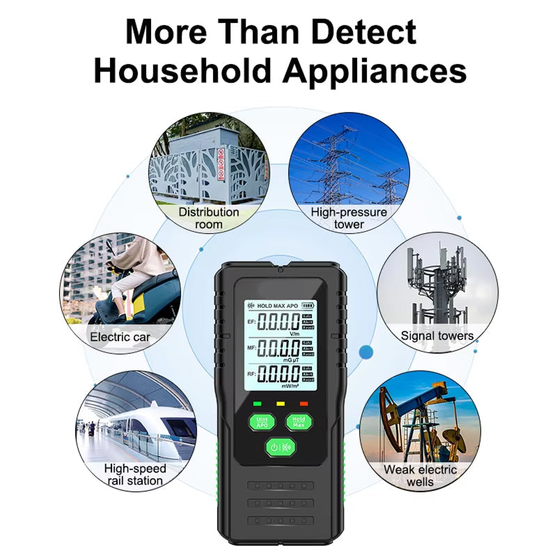 Dosimexo Radiation Detector with applications in various settings on a white background