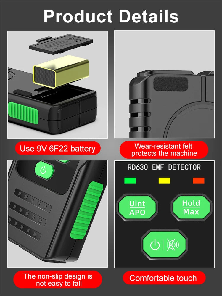 Dosimexo Radiation Detector details infographic for a black handheld electronic device with green side accents, showing the battery compartment with a gold battery, close-ups of the body and buttons, and feature callouts including 'Use 9V 6F22 battery', 'Wear-resistant felt protects the machine', 'The non-slip design is not easy to fall', and 'Comfortable touch'.