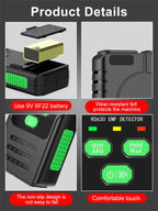 Dosimexo Radiation Detector details infographic for a black handheld electronic device with green side accents, showing the battery compartment with a gold battery, close-ups of the body and buttons, and feature callouts including 'Use 9V 6F22 battery', 'Wear-resistant felt protects the machine', 'The non-slip design is not easy to fall', and 'Comfortable touch'.