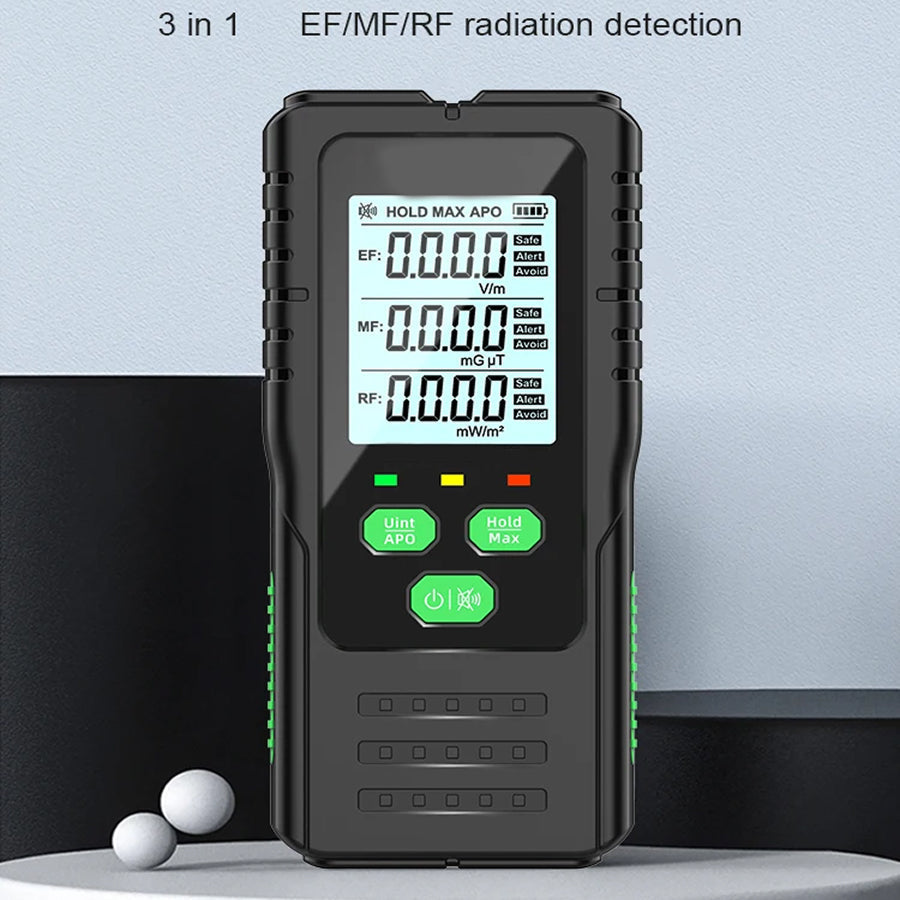 Dosimexo Radiation Detector with digital display on a gray background