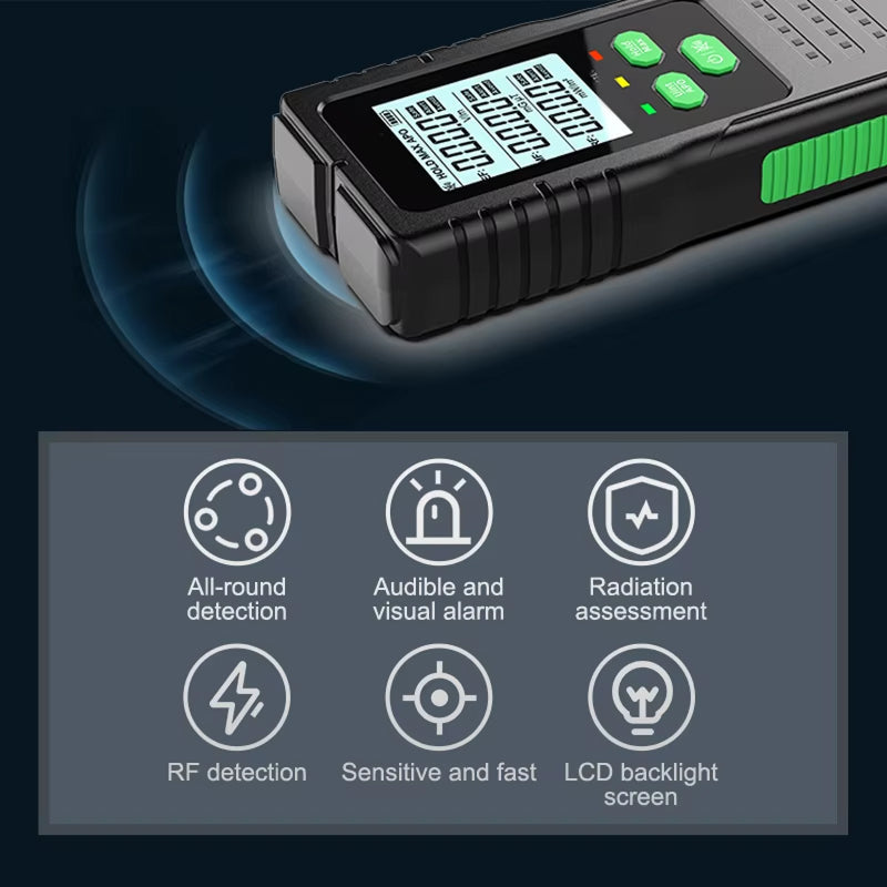 Dosimexo Radiation Detector device with a screen and green buttons on a dark background, featuring icons and text about its functions.