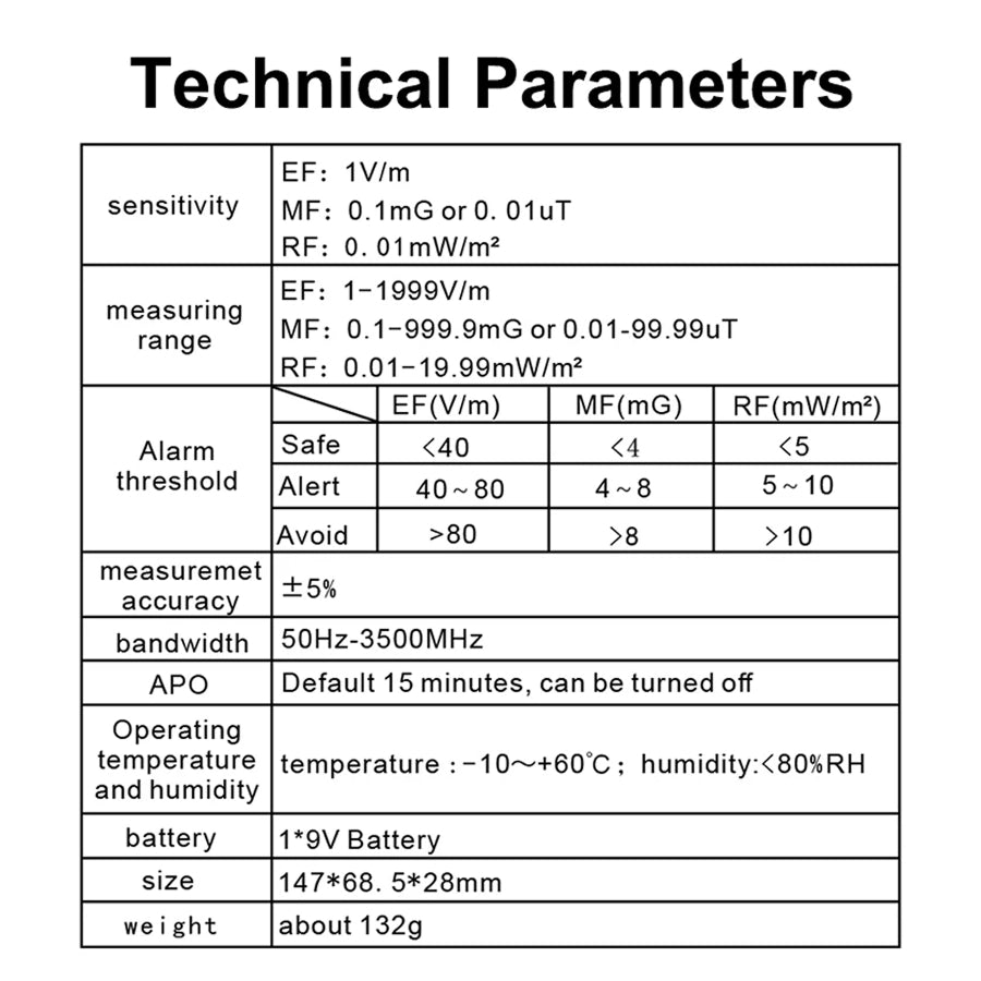 Technical parameters table for a Dosimexo Radiation Detector with various measurement ranges and thresholds.