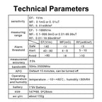 Technical parameters table for a Dosimexo Radiation Detector with various measurement ranges and thresholds.