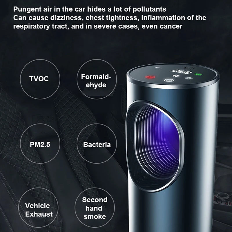 Fresobrex Car Air Purifier with text about air quality issues and its benefits on a car interior background.