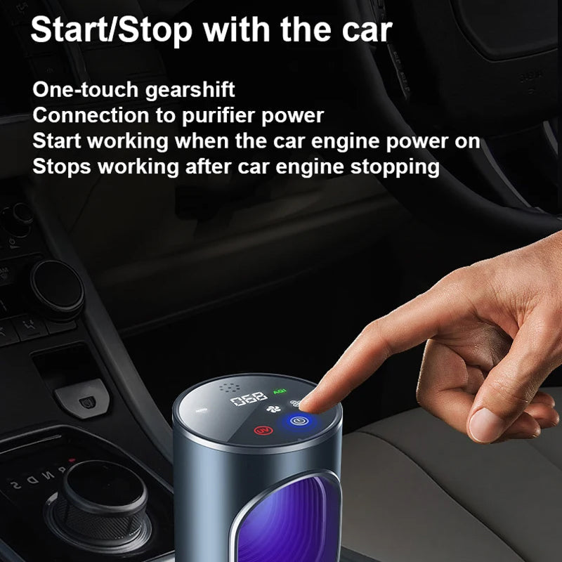 Fresobrex Car Air Purifier with hand pressing a button inside a car, text describing features.