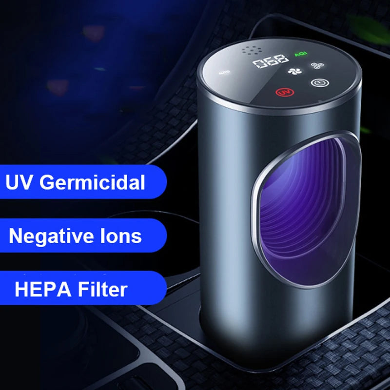 Fresobrex Car Air Purifier with UV germicidal, negative ions, and HEPA filter features on a dark background.