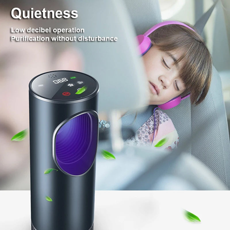Fresobrex Car Air Purifier with a child wearing headphones in the background, emphasizing quiet operation and purification without disturbance.